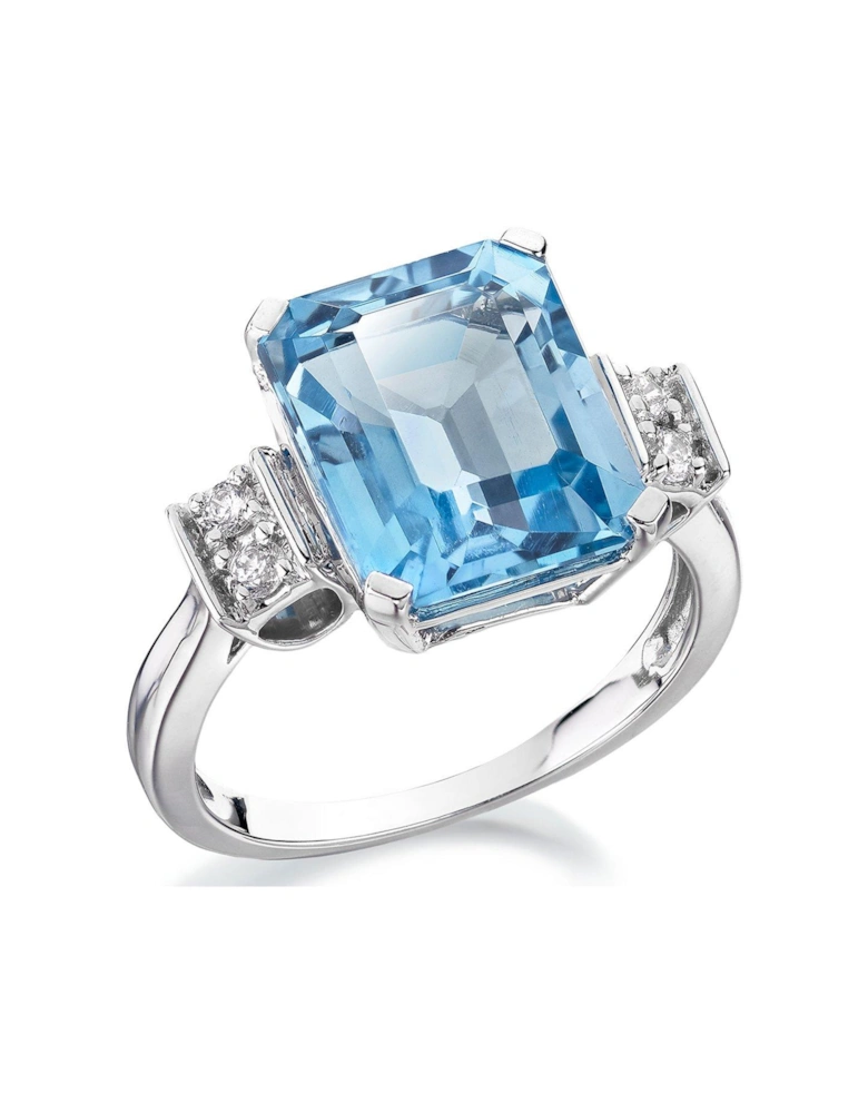 9ct White Gold Blue Topaz Emerald Cut Ring
