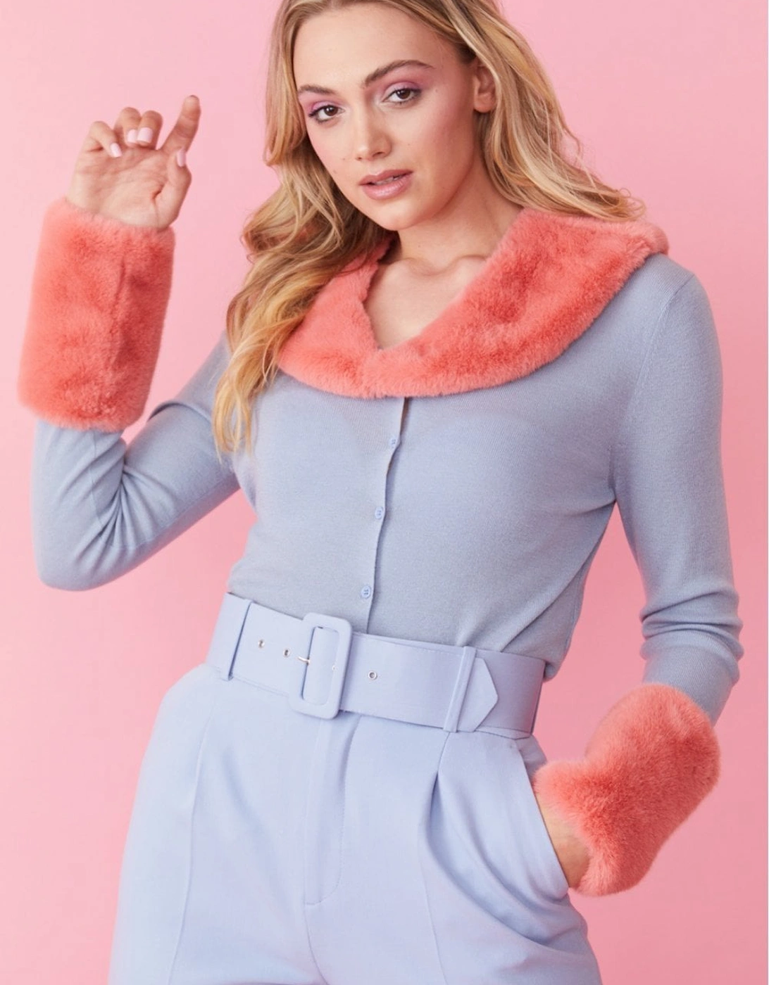 Blue Peggy Cashmere Cardigan with Faux Fur Cuffs and Collar