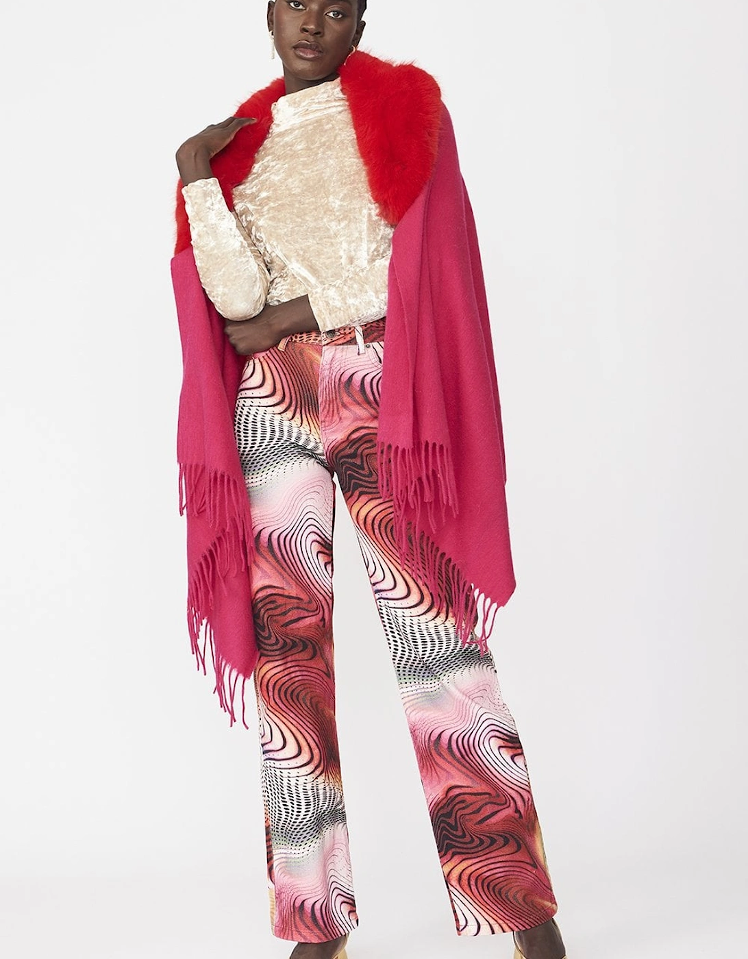 Pink Cashmere Wrap with Faux Fur Trim and Tassels