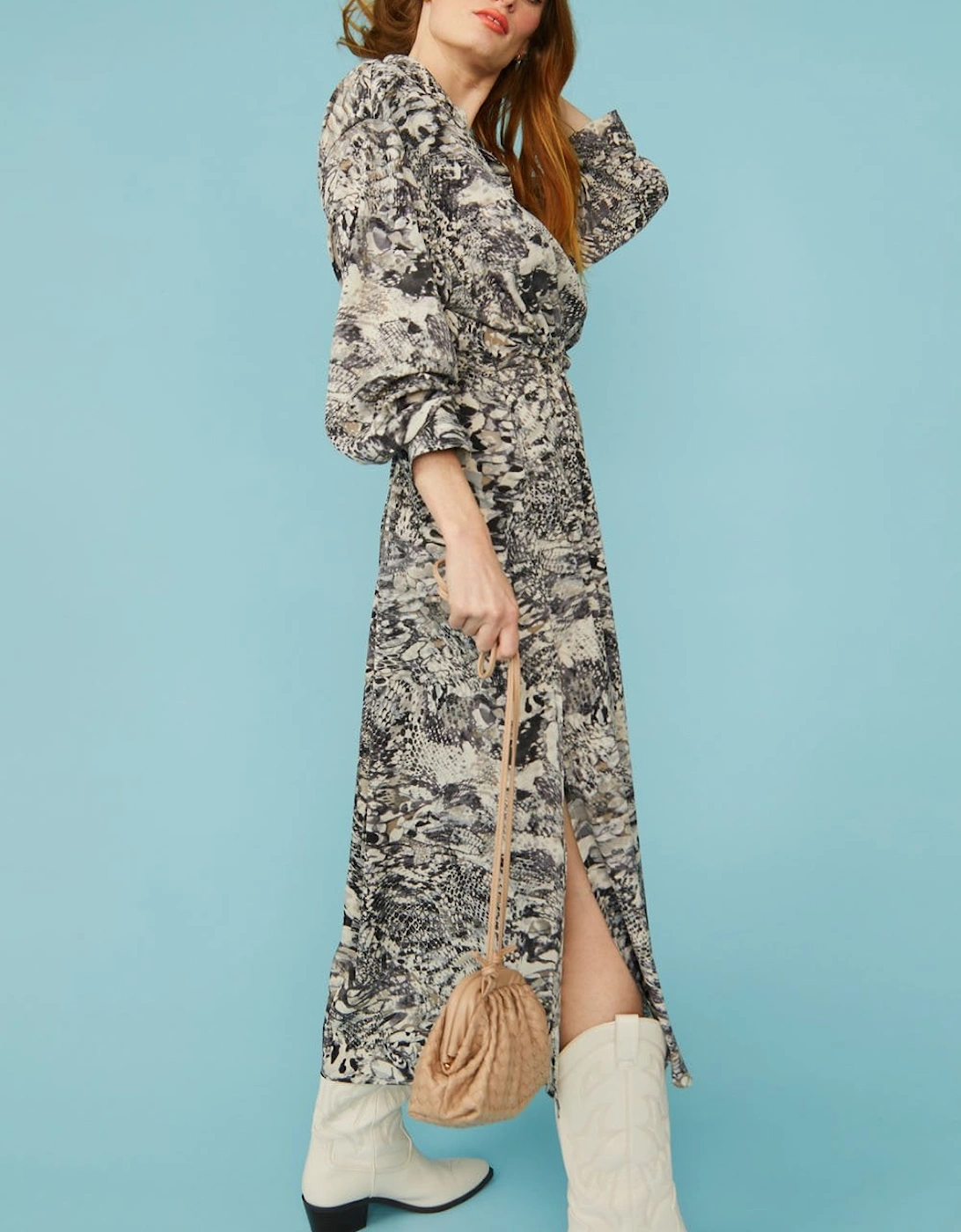 Maxi Grey Silk Blend Snake print Dress