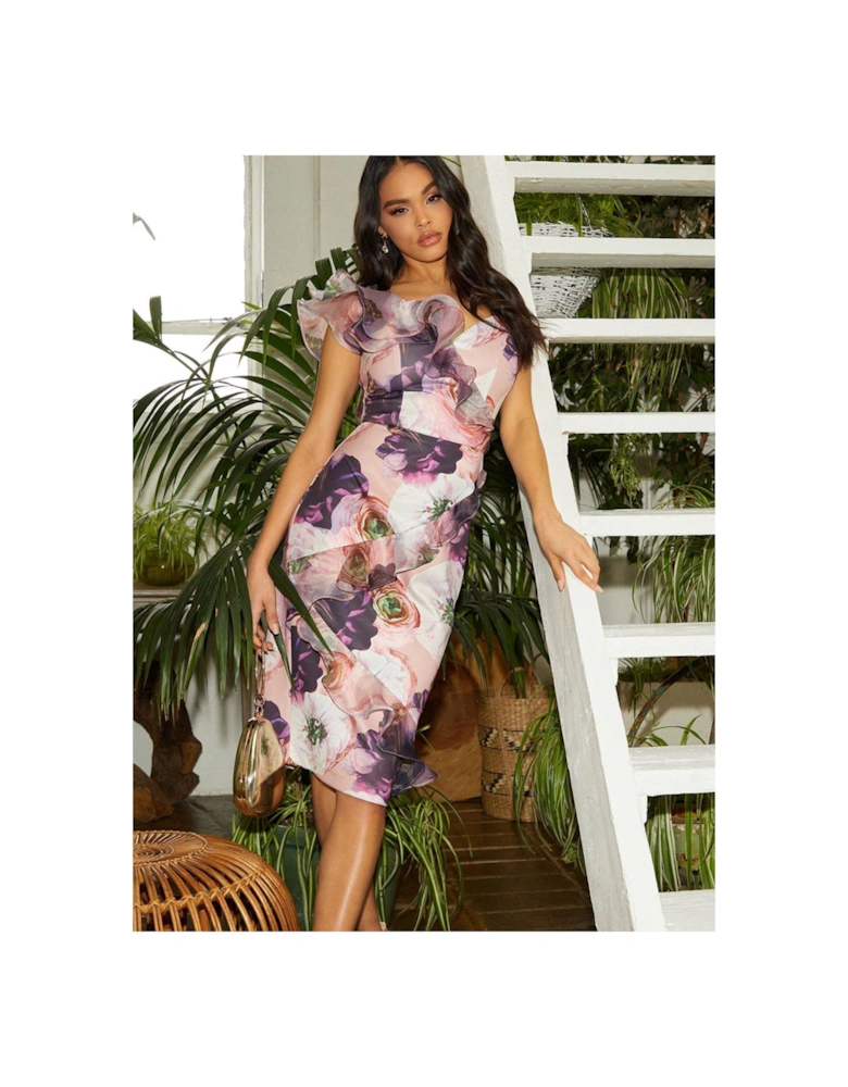 Ruffle Floral Print Bodycon Dress - Multi