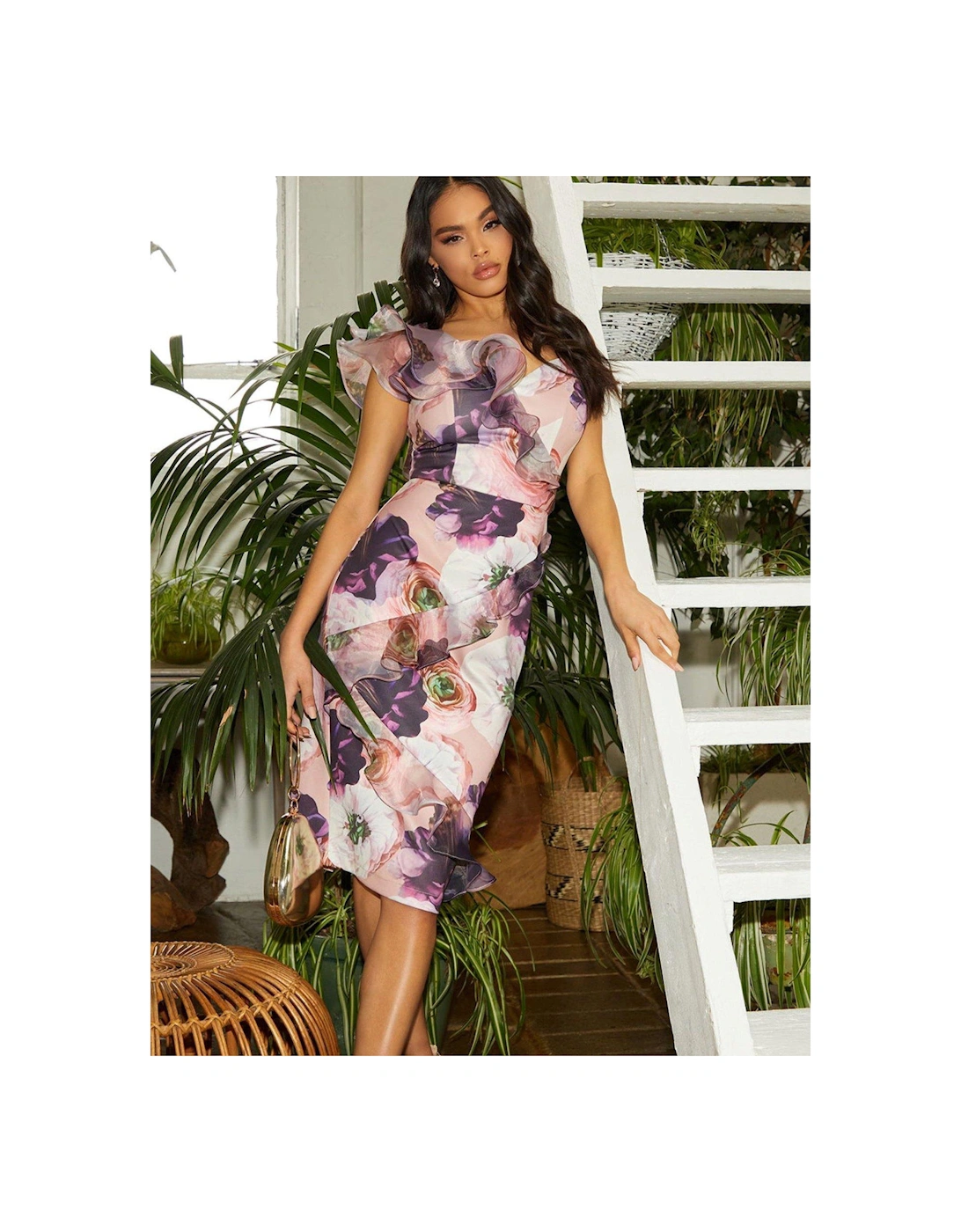 Ruffle Floral Print Bodycon Dress - Multi, 3 of 2