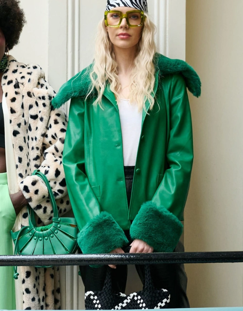 Green Faux Leather Jacket with Faux Fur Collar and Faux Fur Cuffs