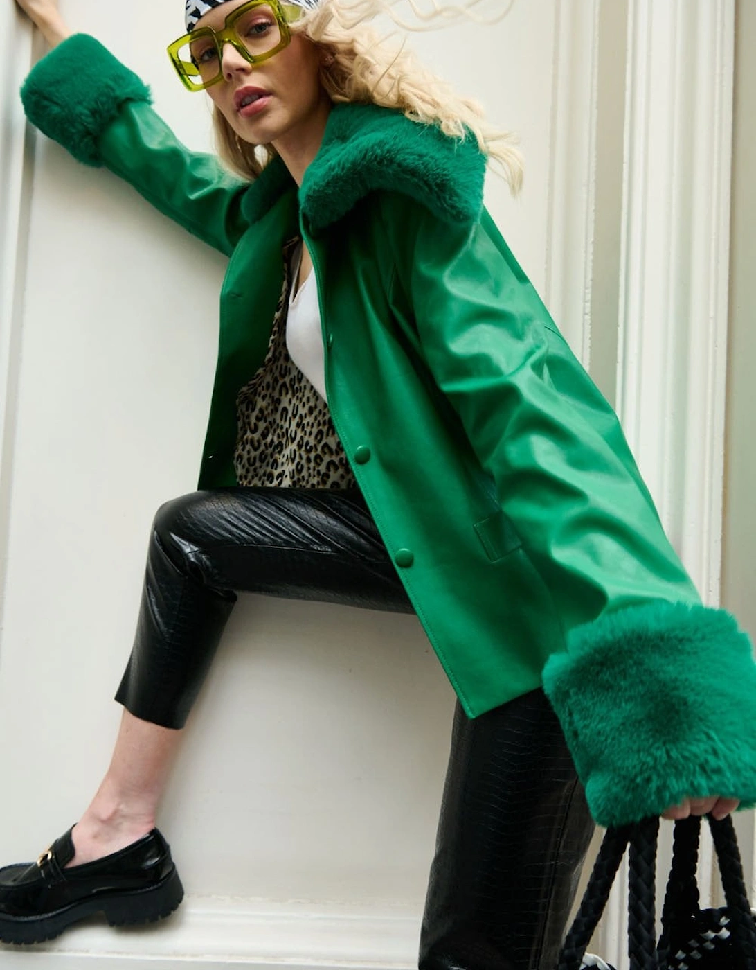 Green Faux Leather Jacket with Faux Fur Collar and Faux Fur Cuffs