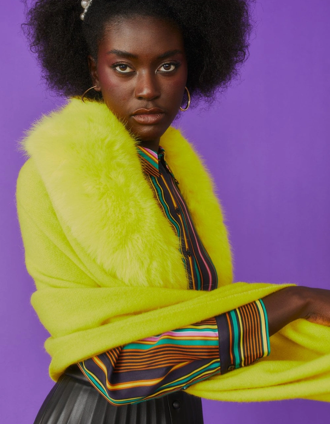 Wool Wrap with Yellow Detachable Faux Fur Collar