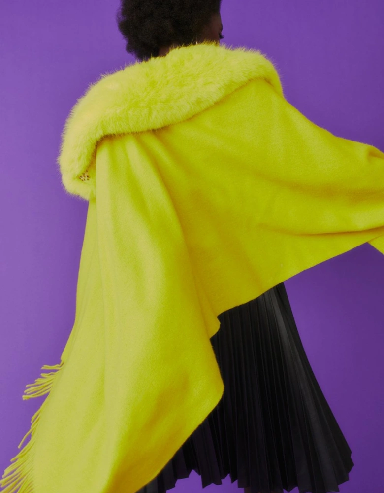 Wool Wrap with Yellow Detachable Faux Fur Collar