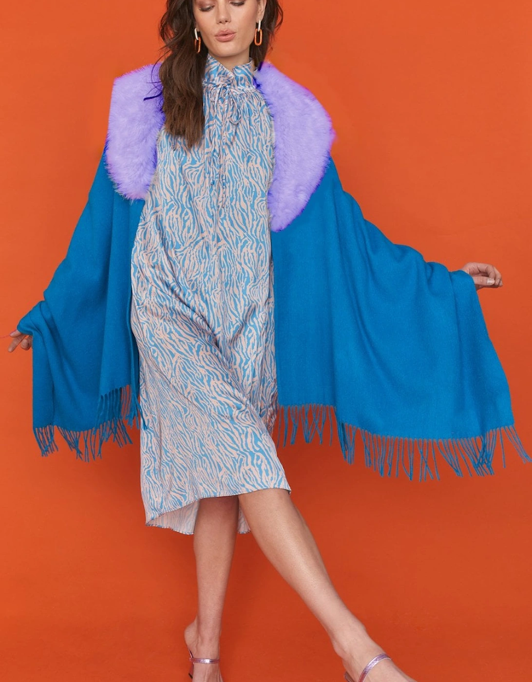 Blue Cashmere Wrap with a purple Faux Fur Trim and Tassels, 2 of 1