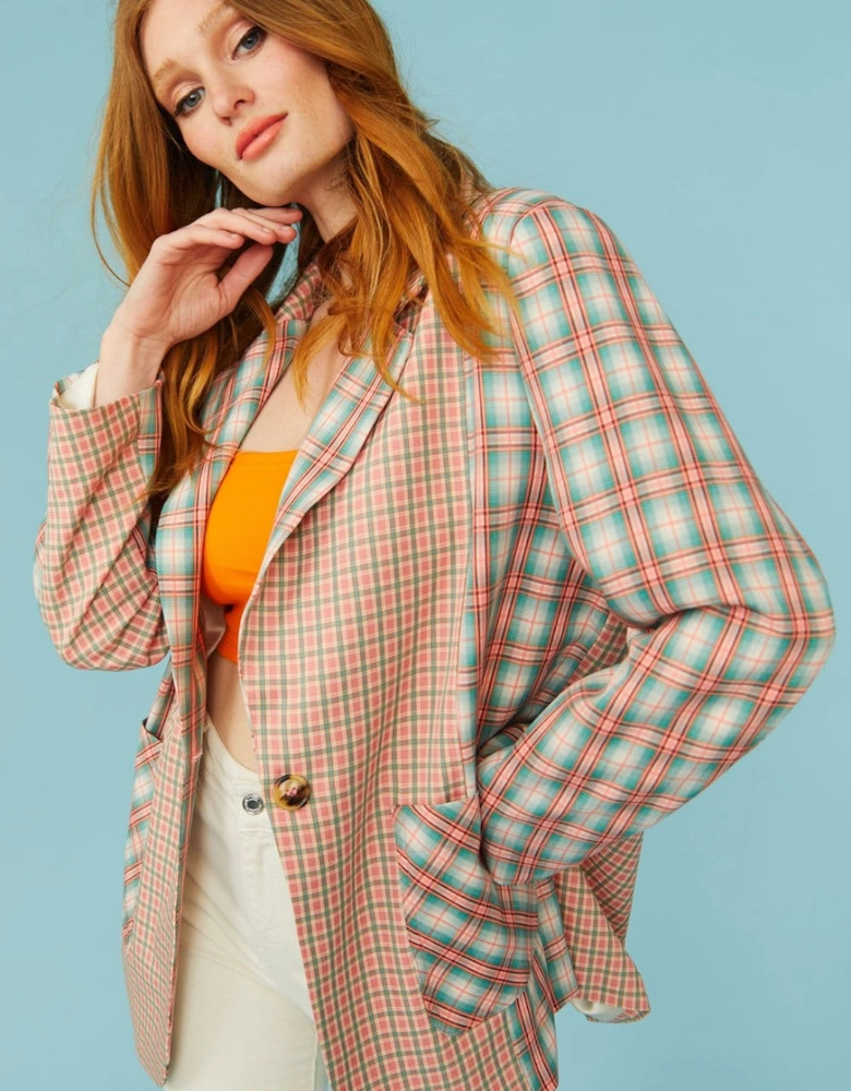 Pink and Teal Check Blazer Jacket