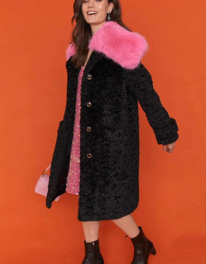 Faux Fur Midi Coat with a Pink Oversized Collar