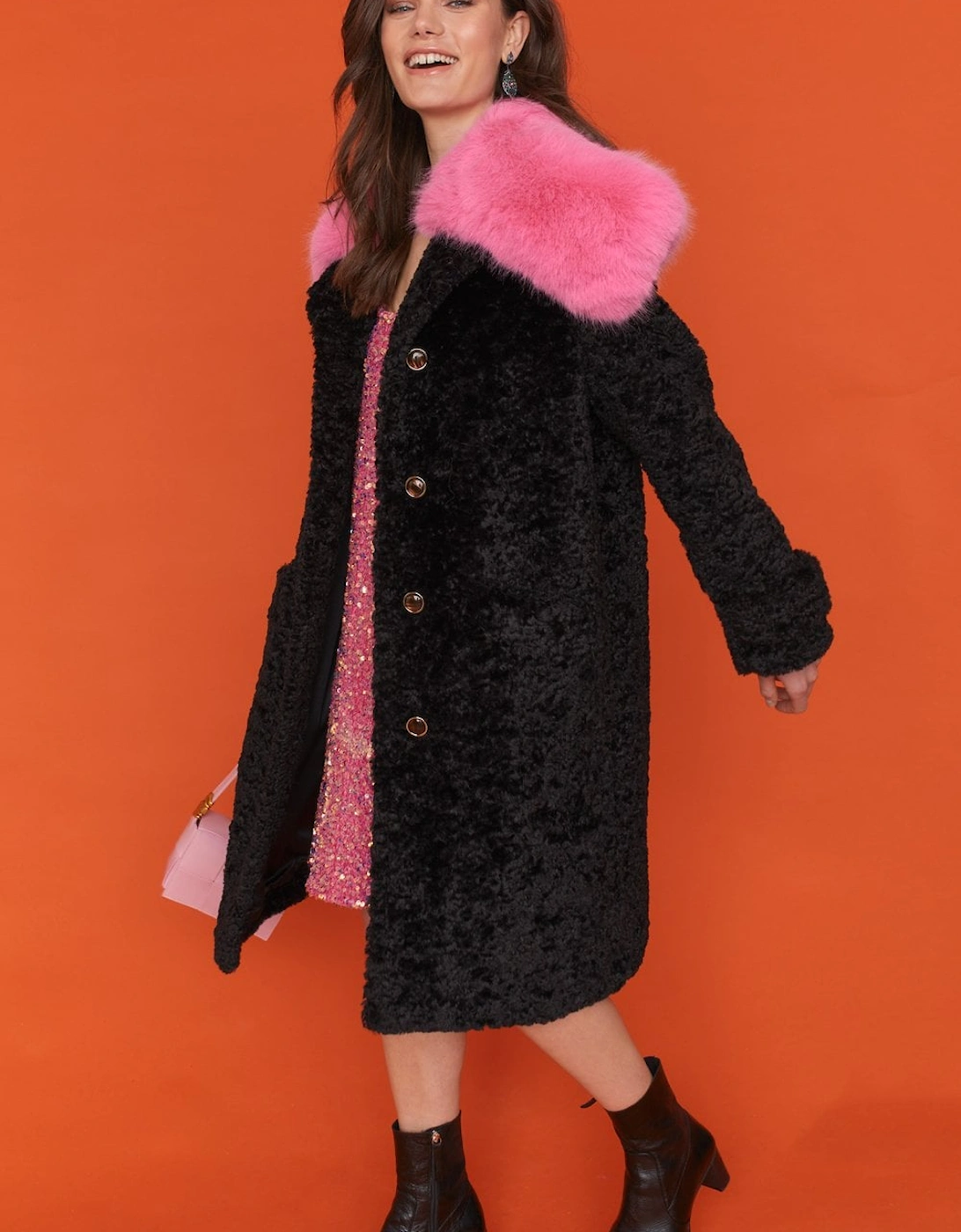 Faux Fur Midi Coat with a Pink Oversized Collar, 4 of 3