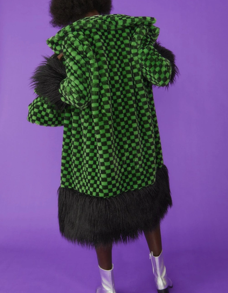 Faux Fur Green and Black Check Coat with Faux Mongolian Trim