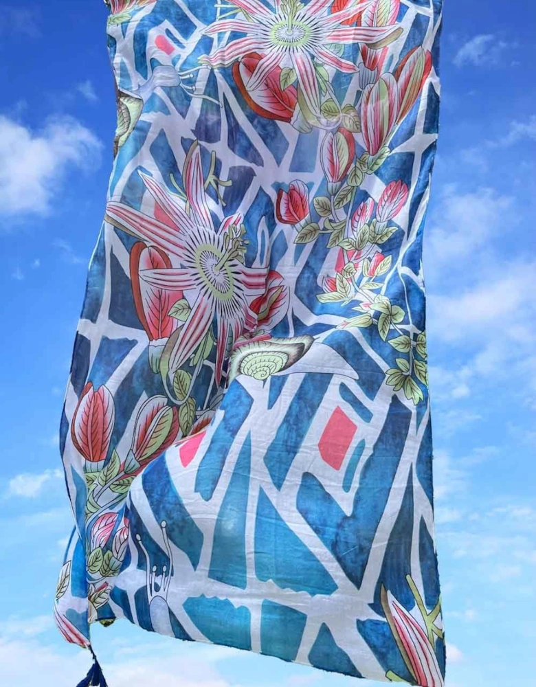 Cashmere and Silk Blend Tropical Print Tassel Sarong Wrap