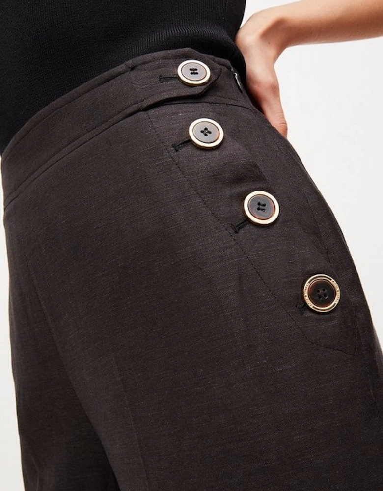 Tailored Linen Blend Button High Waist Trousers