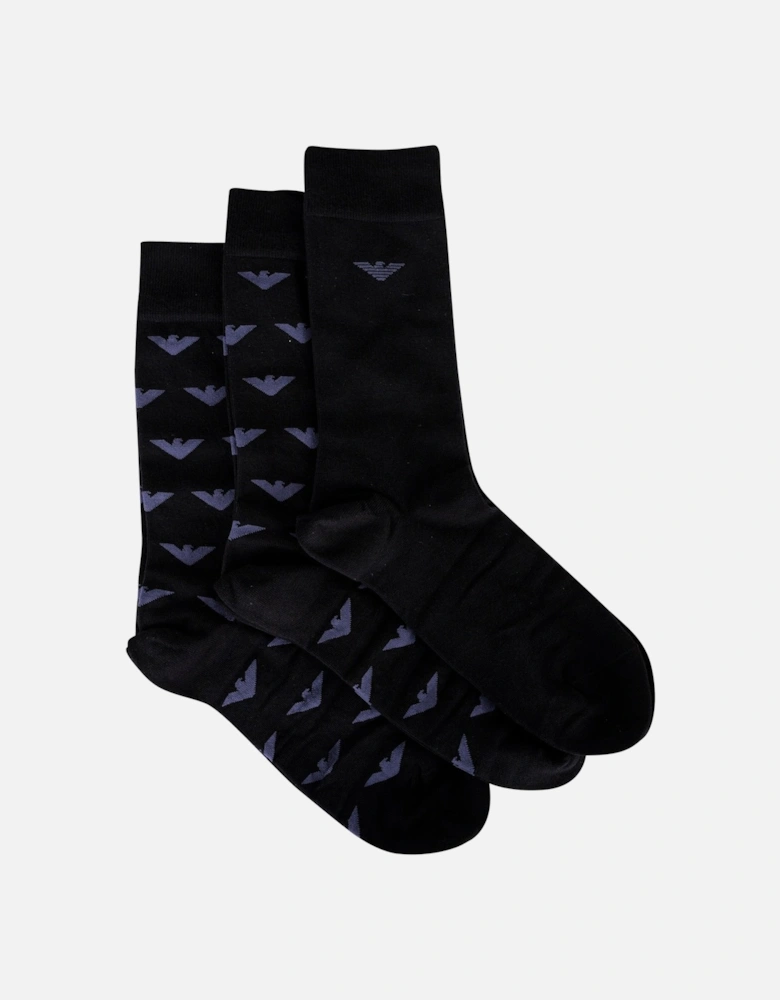 Cotton 3-Pair Navy Logo Socks