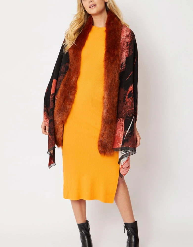 Red Wool Wrap with Faux Fur