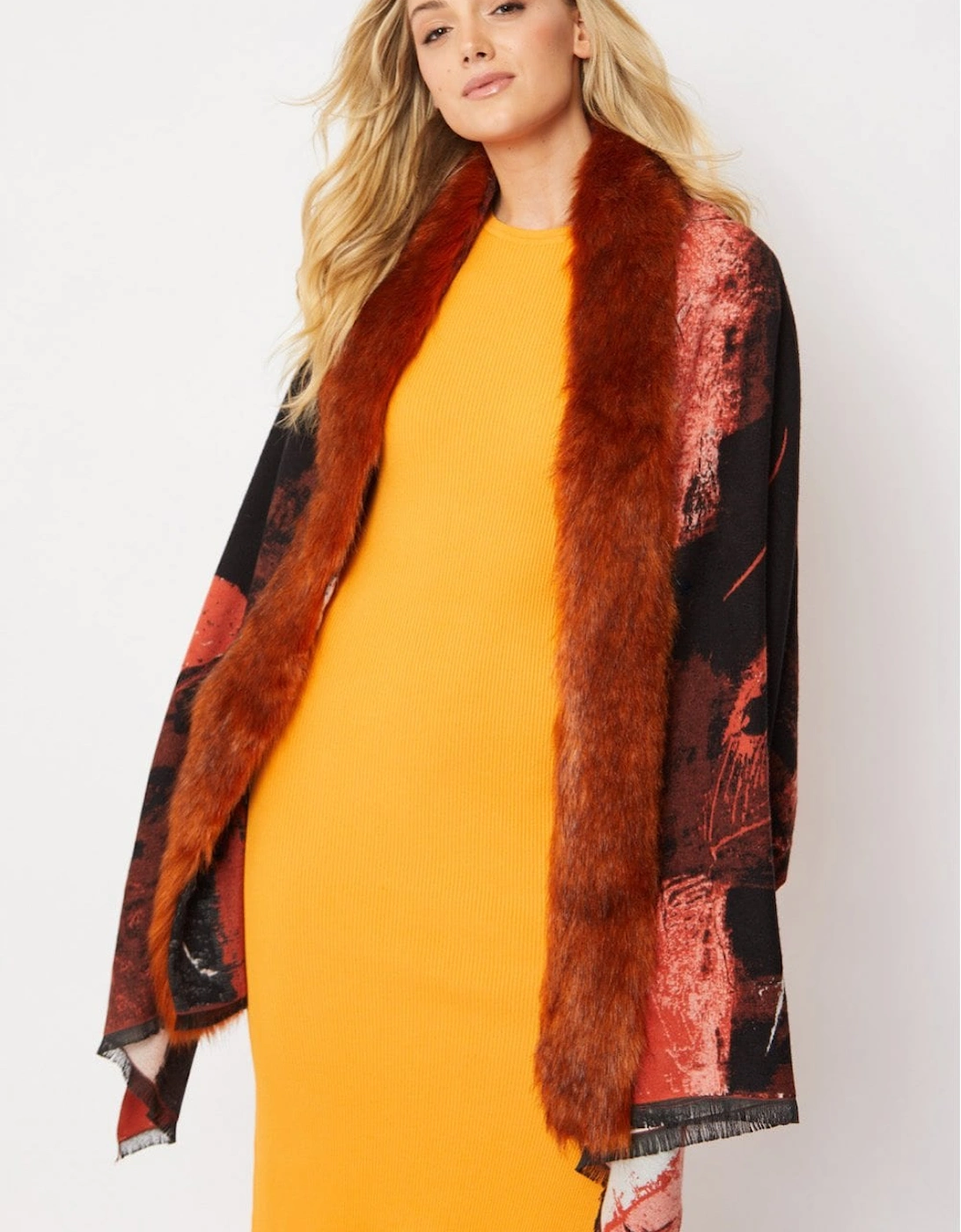 Red Wool Wrap with Faux Fur
