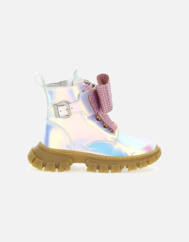 Girls Shiny Combat Boots With Rhinestones