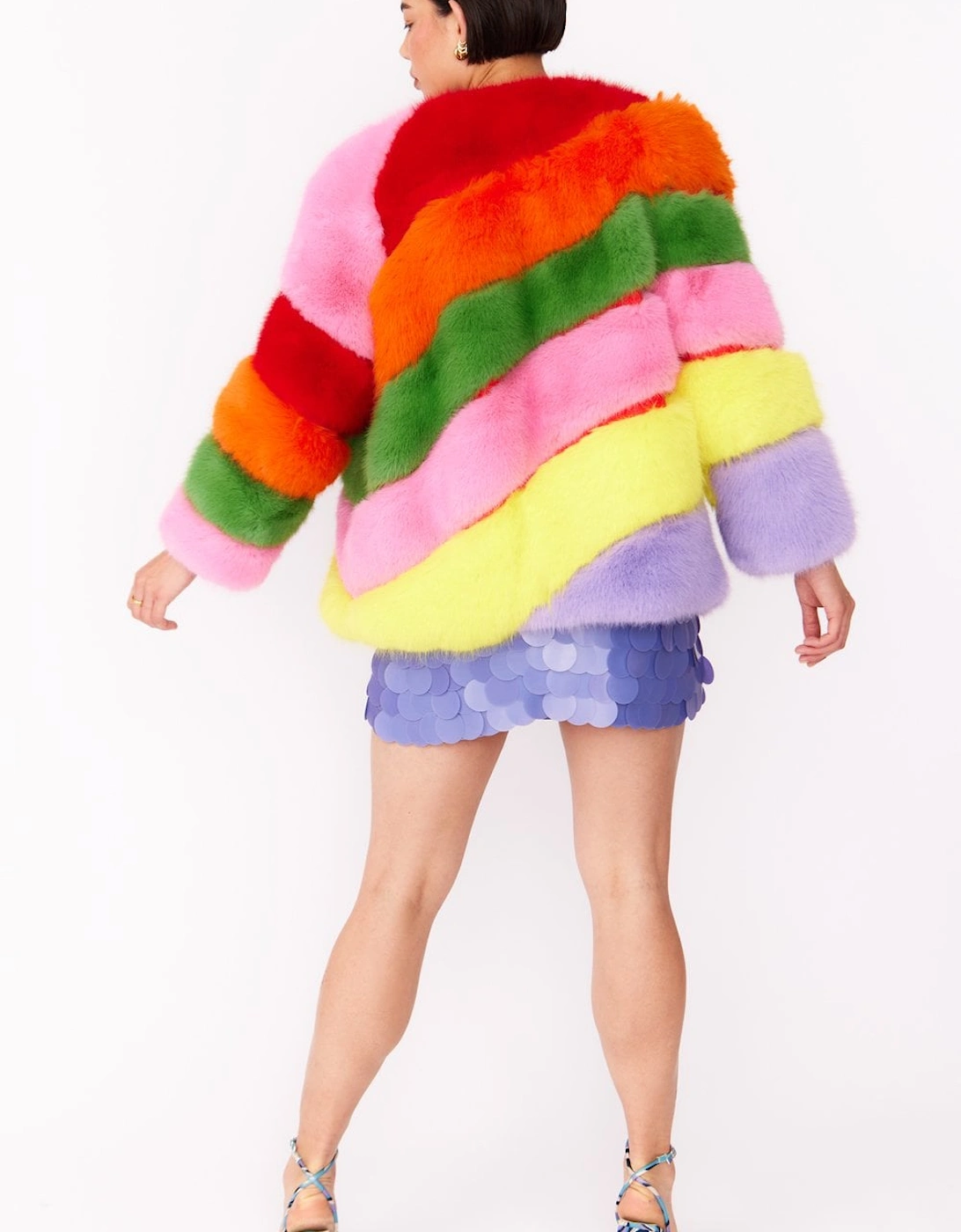 Gaga Faux Fur Striped Rainbow Coat