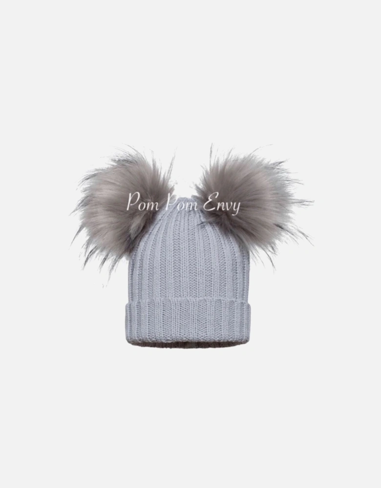 Grey Double Pom Ribbed Hat