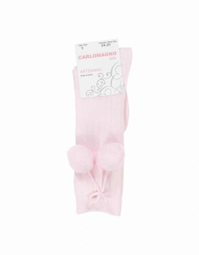 Pink Knee High Pom Pom Socks