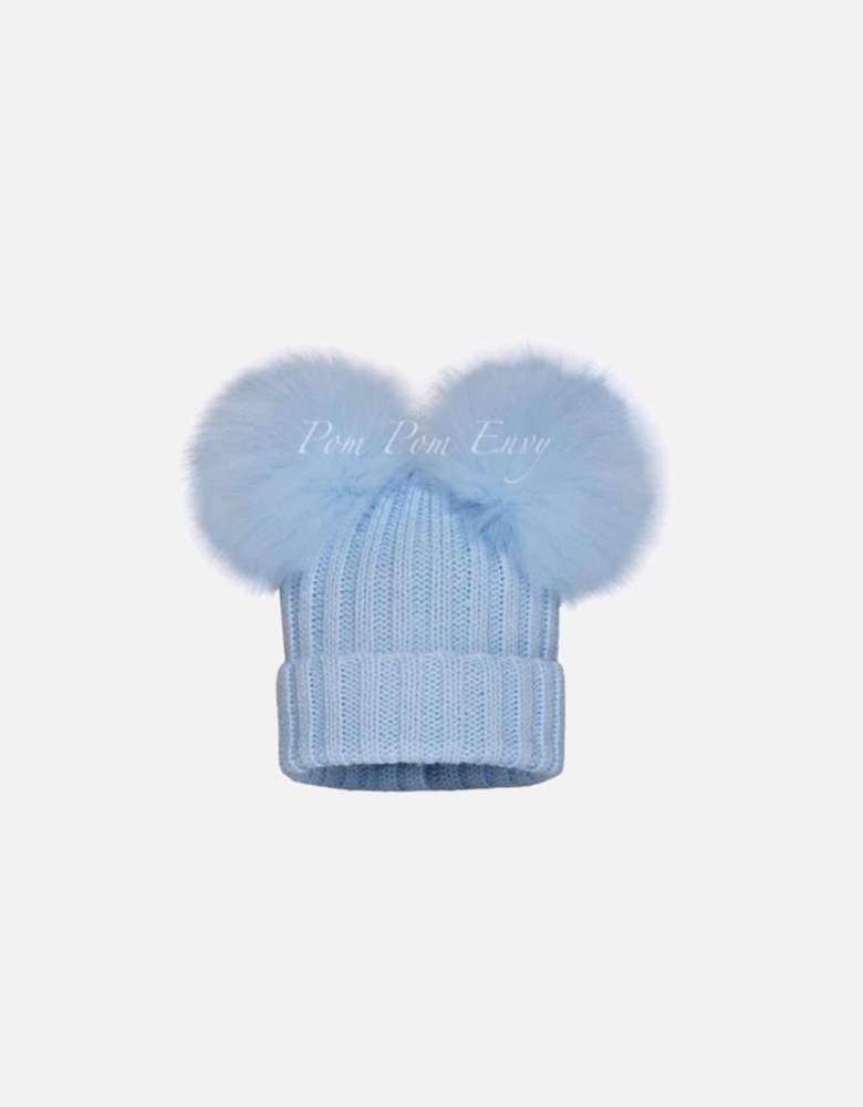 Blue Double Pom Ribbed Hat