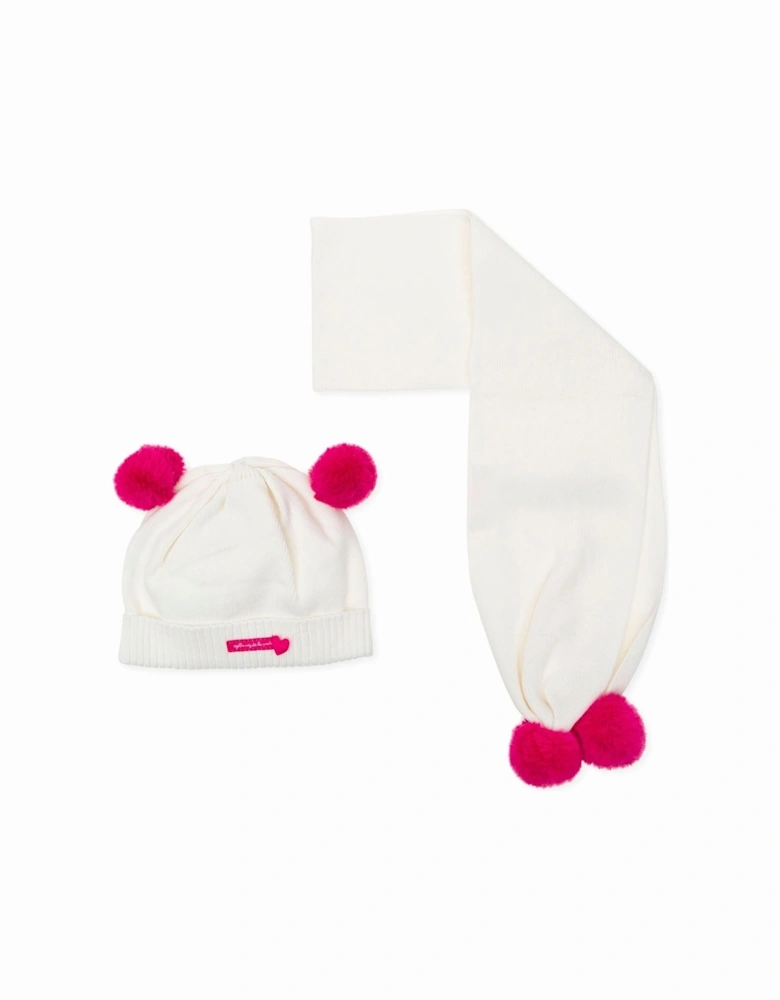 Baby White Double Pom Knit Hat and Scarf