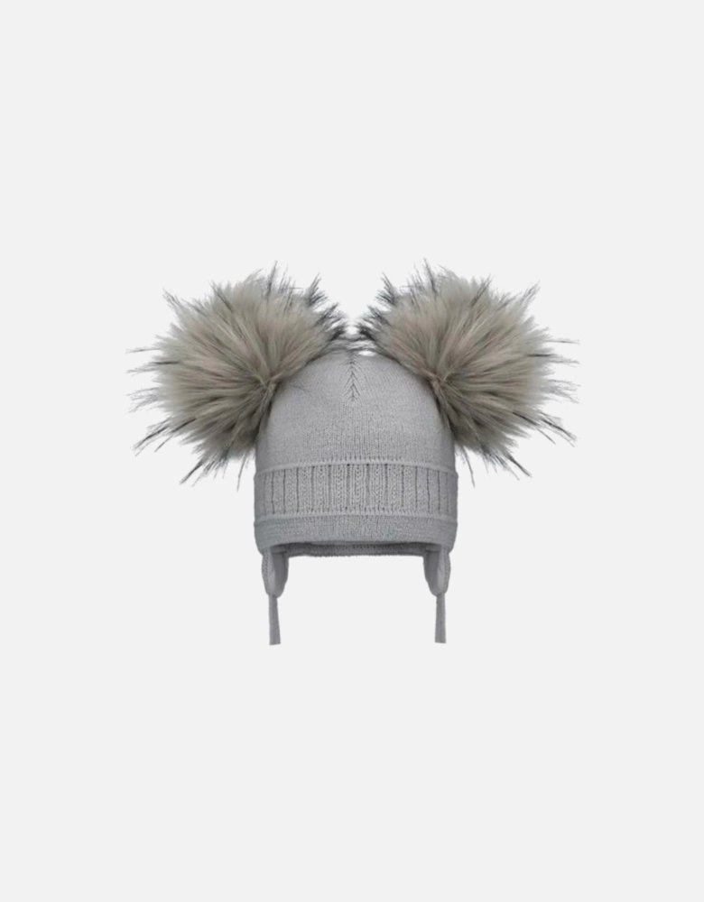 Grey Double Pom Tie Hat