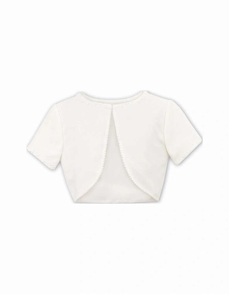 Girls Short Sleeve Ivory Satin Bolero