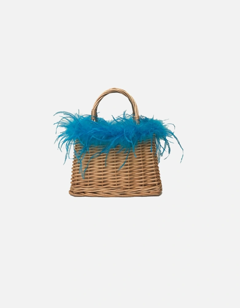 Blue Hand Made Salines Straw Bag with Ostrich Feather