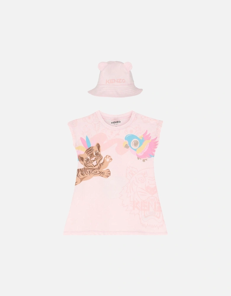 Baby Girls ALL Over Print Dress And Hat Set Pink