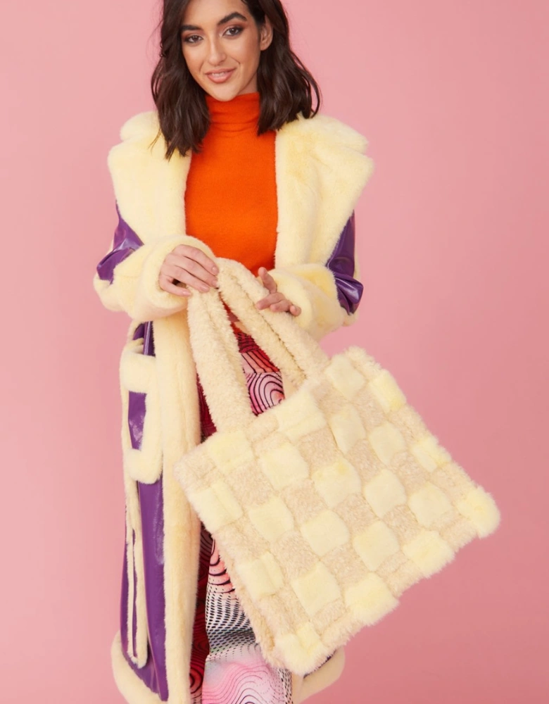Faux Fur Hand Woven Checkered Tote Bag