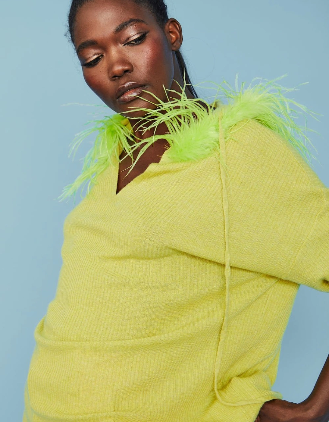 Lime Green Cashmere Blend Hooded Jumper with Feathered Hood