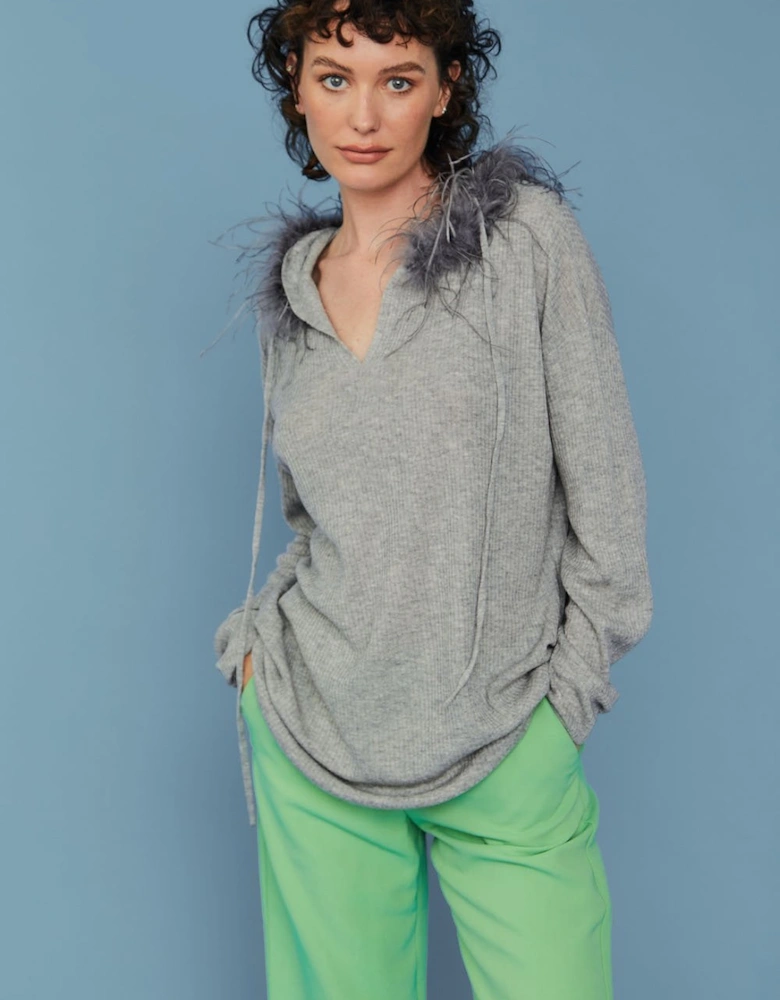 Grey Cashmere Blend Hooded Jumper with Feathered Hood