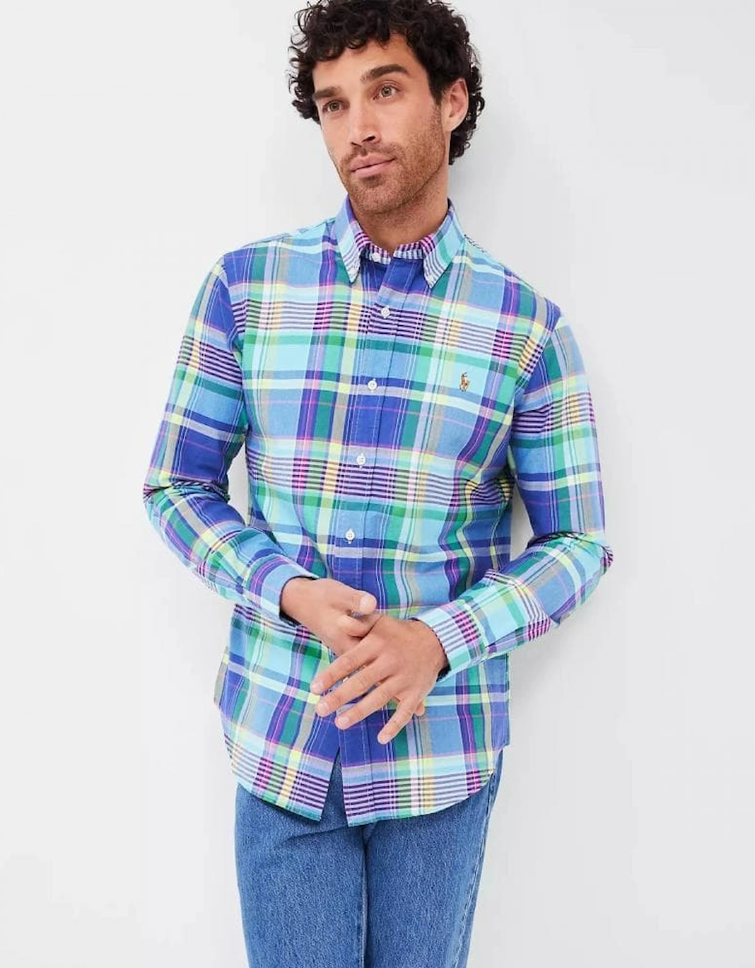 Custom Fit Long Sleeved Multicoloured Plaid Mens Oxford Shirt, 7 of 6