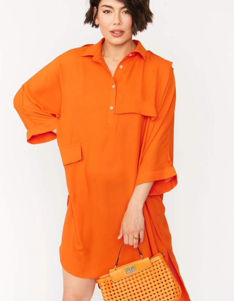 Orange Silk Blend Shirt Dress