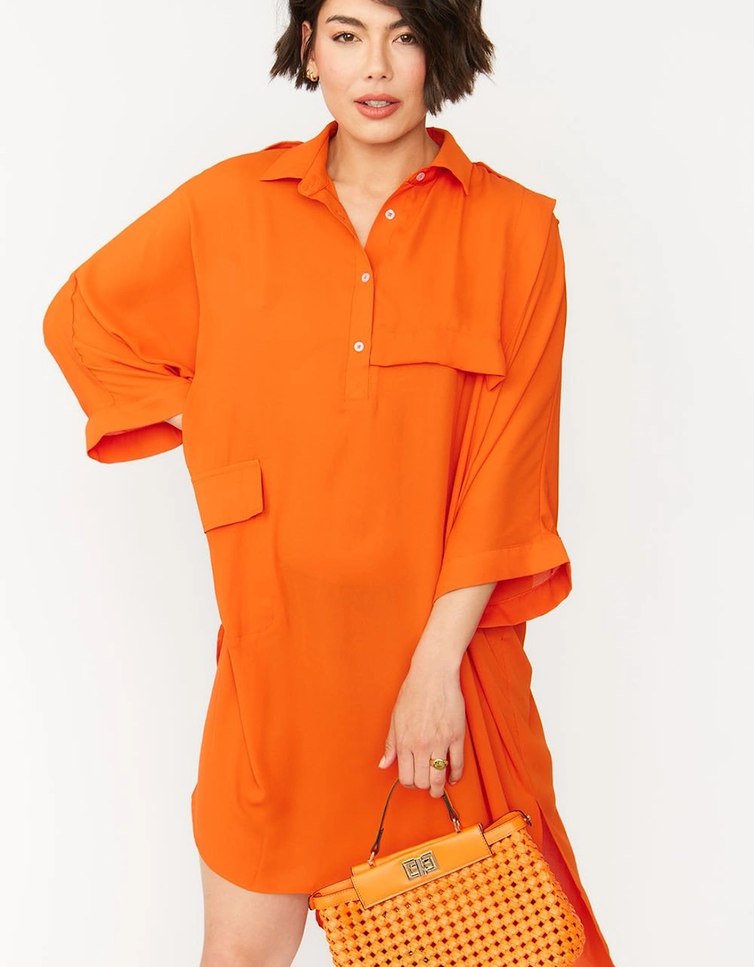 Orange Silk Blend Shirt Dress, 4 of 3