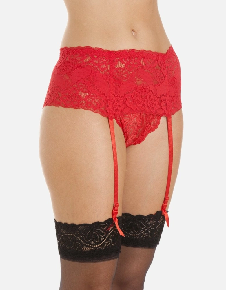 Camille Women's Suspender Belt in Red Wide Lace Lingerie with Ribbon Strap