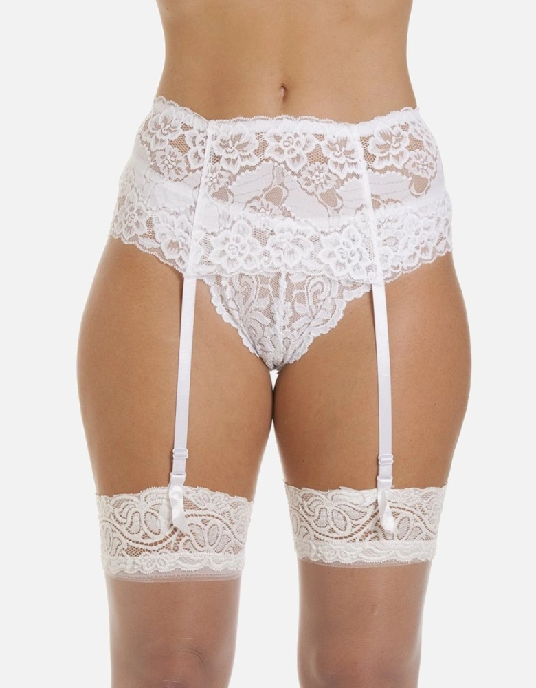 Camille Women's Suspender Belt White Wide Lace Lingerie with Ribbon Strap