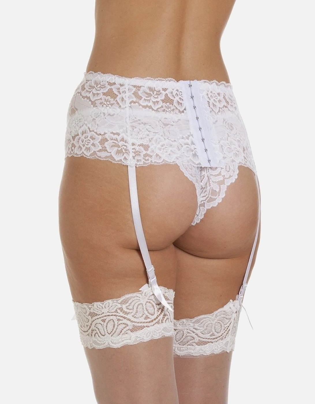 Camille Women's Suspender Belt White Wide Lace Lingerie with Ribbon Strap