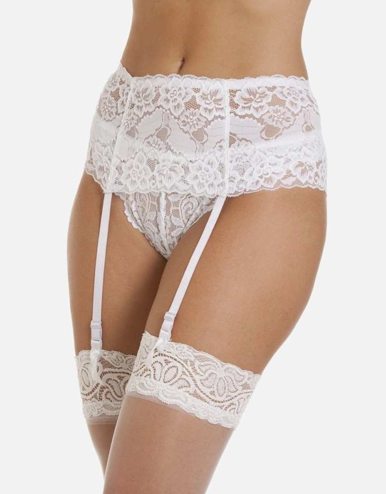 Camille Women's Suspender Belt White Wide Lace Lingerie with Ribbon Strap