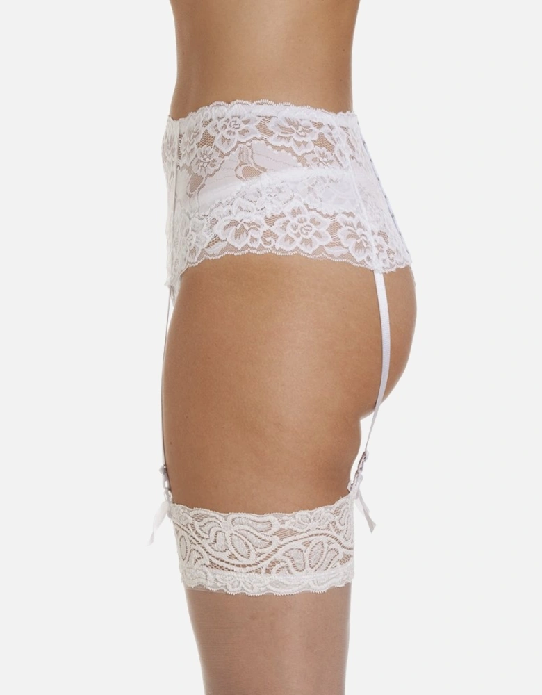 Camille Women's Suspender Belt White Wide Lace Lingerie with Ribbon Strap