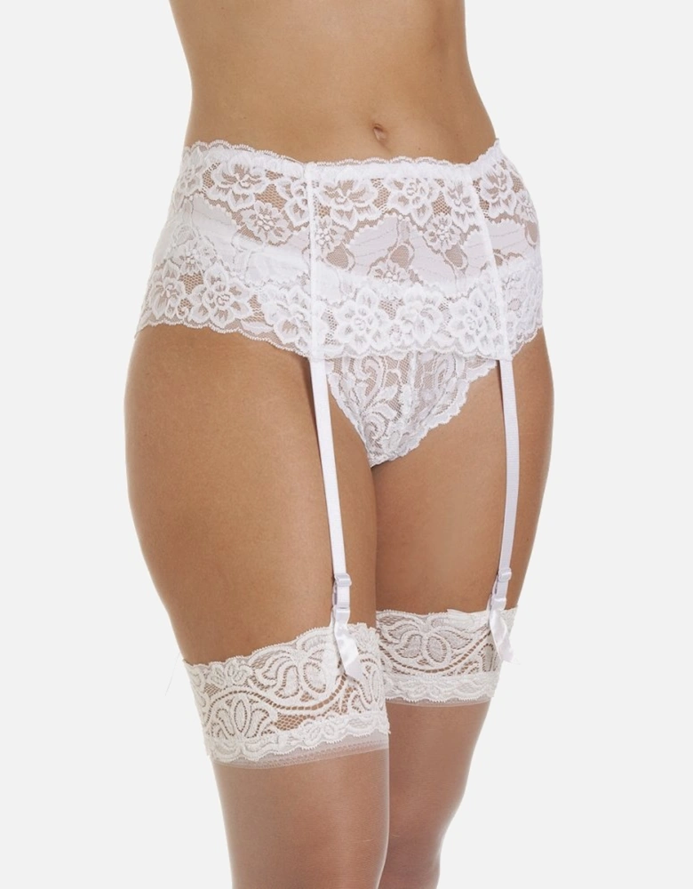 Camille Women's Suspender Belt White Wide Lace Lingerie with Ribbon Strap