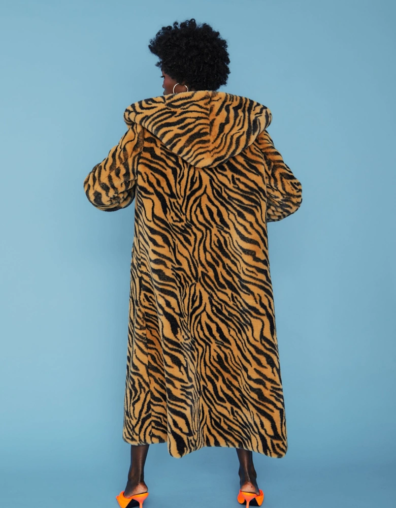 Faux Fur Animal Print Hooded Maxi Coat