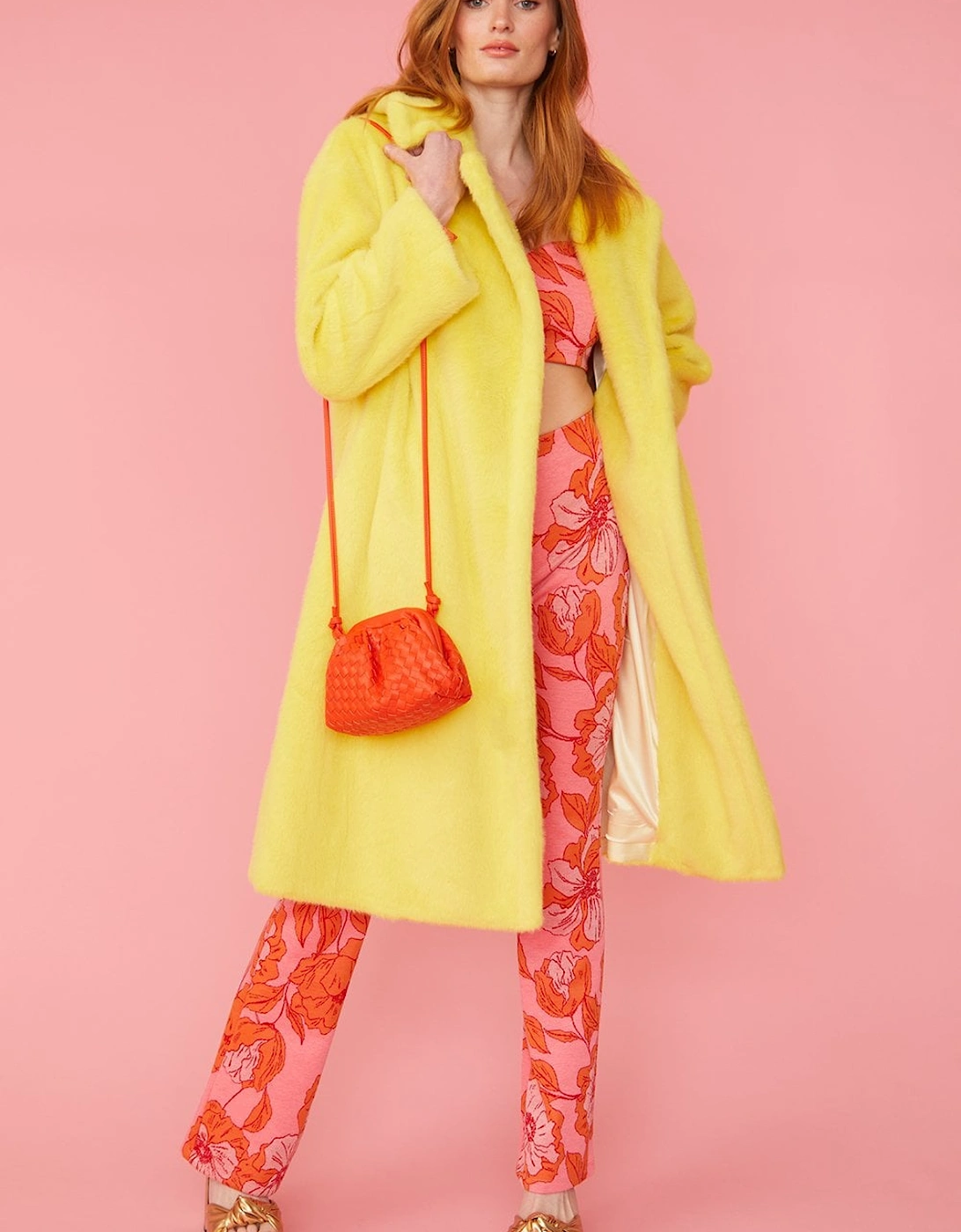 Yellow Faux Fur Midi Coat