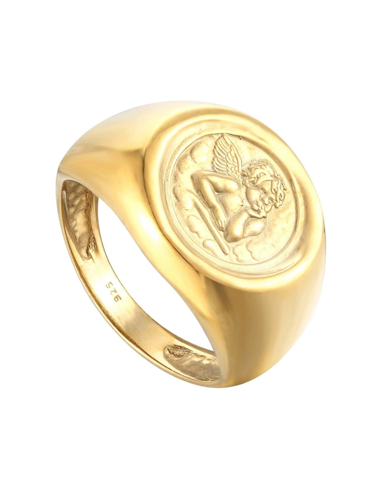 18ct Gold Plated Sterling Silver Angel Cherub Signet Ring