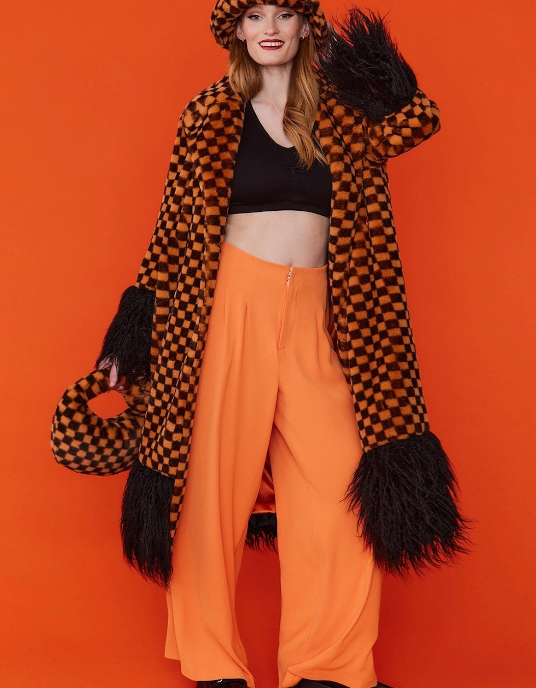 Faux Fur Orange and Black Check Coat with Faux Mongolian Trim, 6 of 5