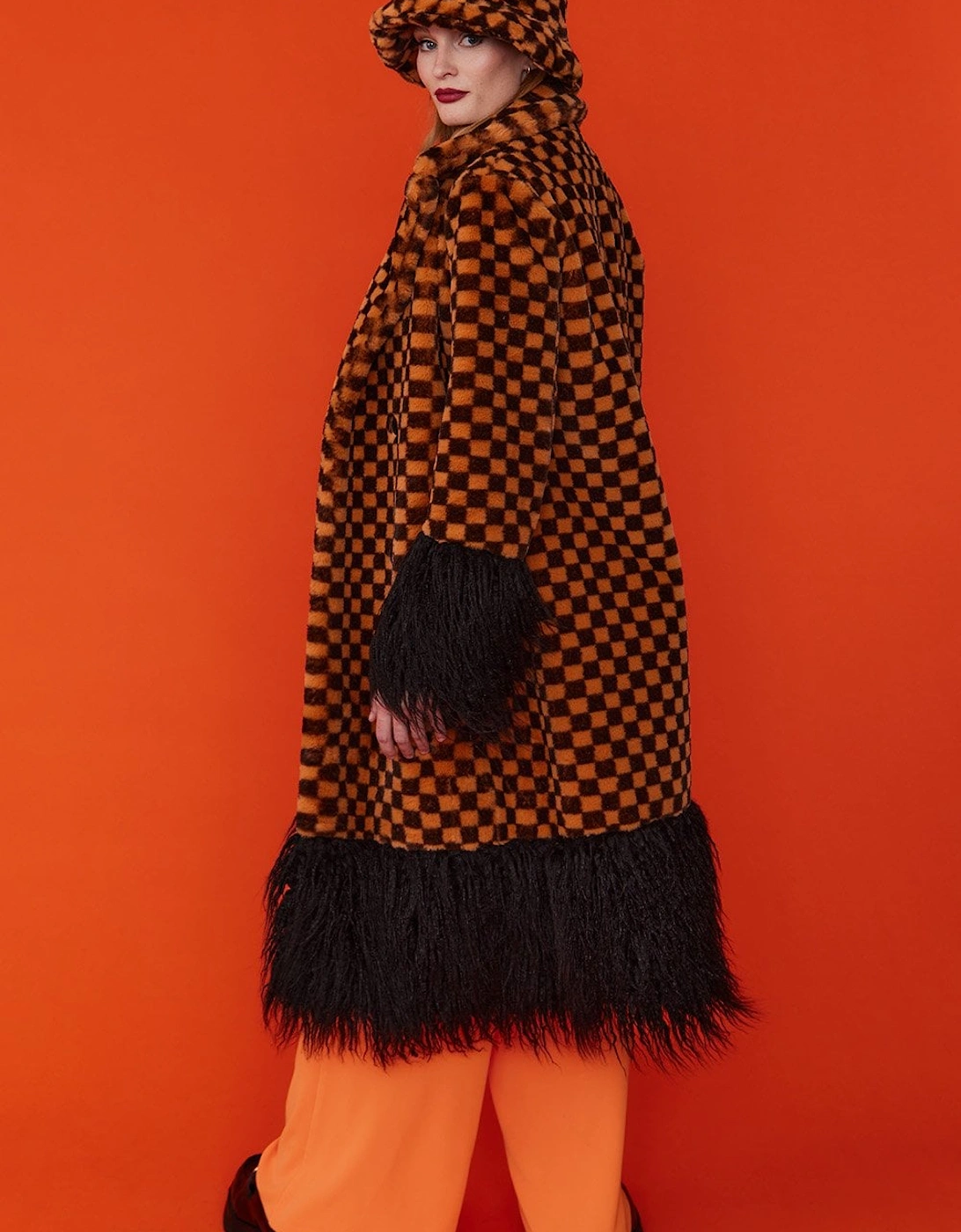 Faux Fur Orange and Black Check Coat with Faux Mongolian Trim