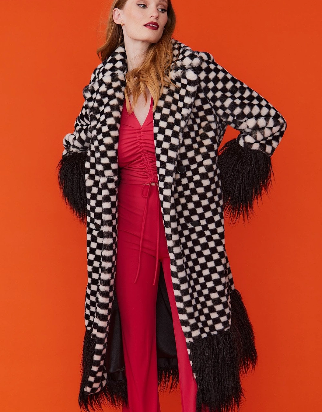 Faux Fur Black And White Check Coat with Faux Mongolian Trim