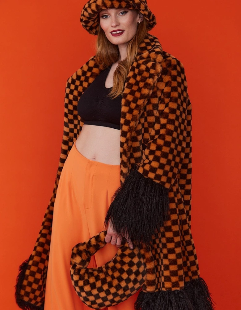 Faux Fur Orange and Black Check Coat with Faux Mongolian Trim