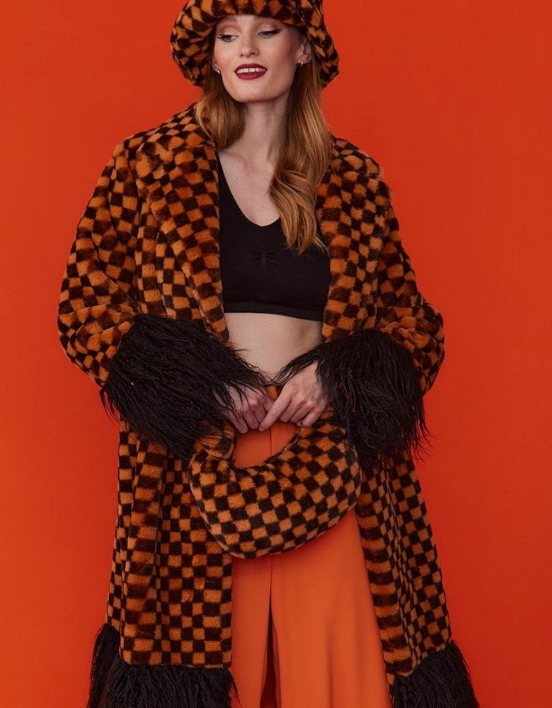 Faux Fur Orange and Black Check Coat with Faux Mongolian Trim